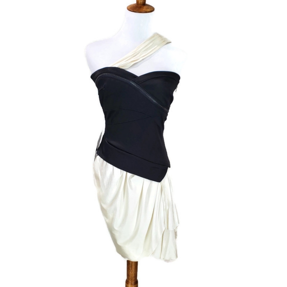 bebe Black and Ivory One-Shoulder Mini Dress